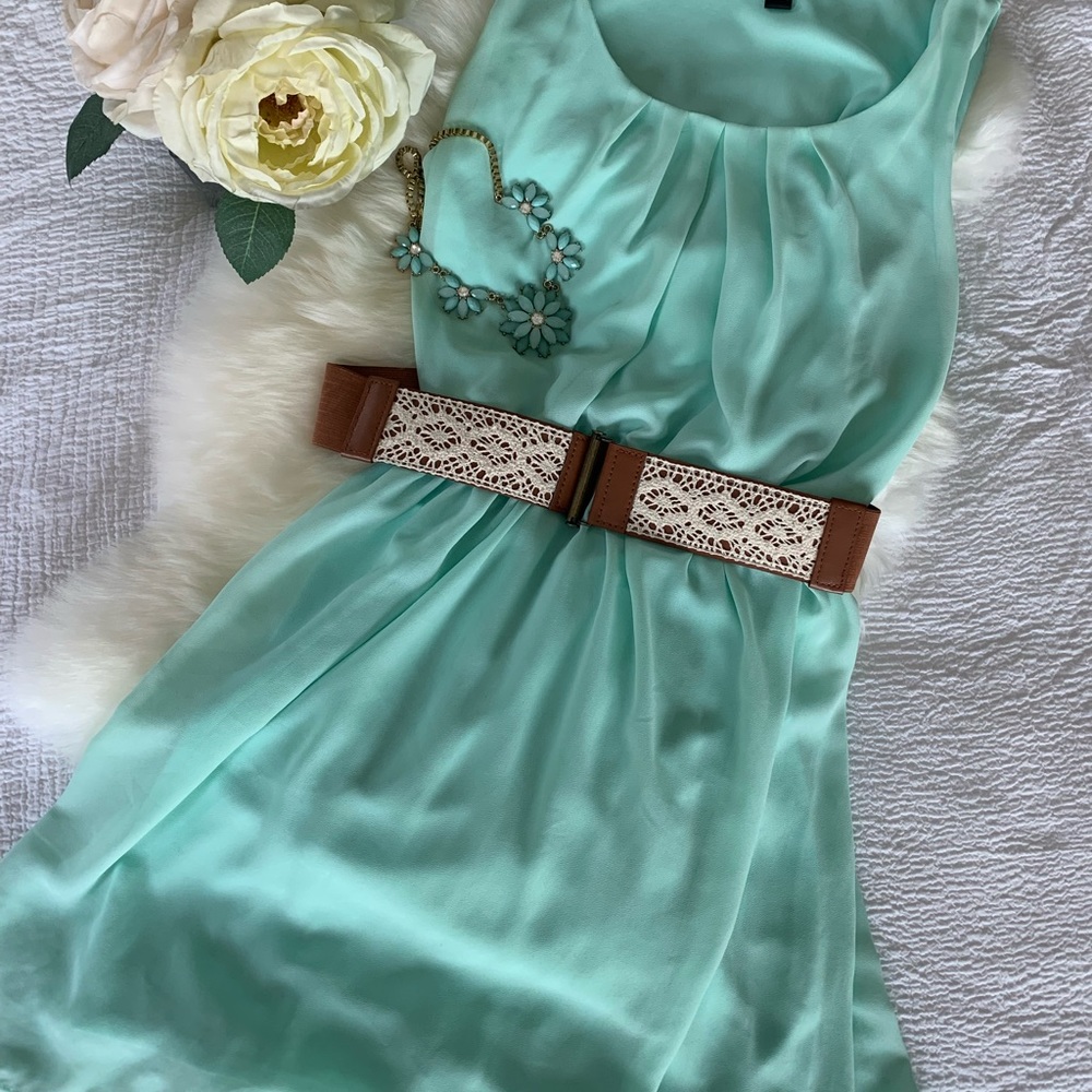 Elegant mint dress with walnut bohemian belt.